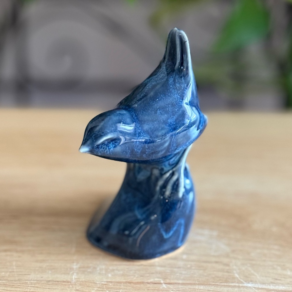 Vintage Guild Crafts Poole Blue Ceramic Wren Figurine Glaze Drip  Mid Century
